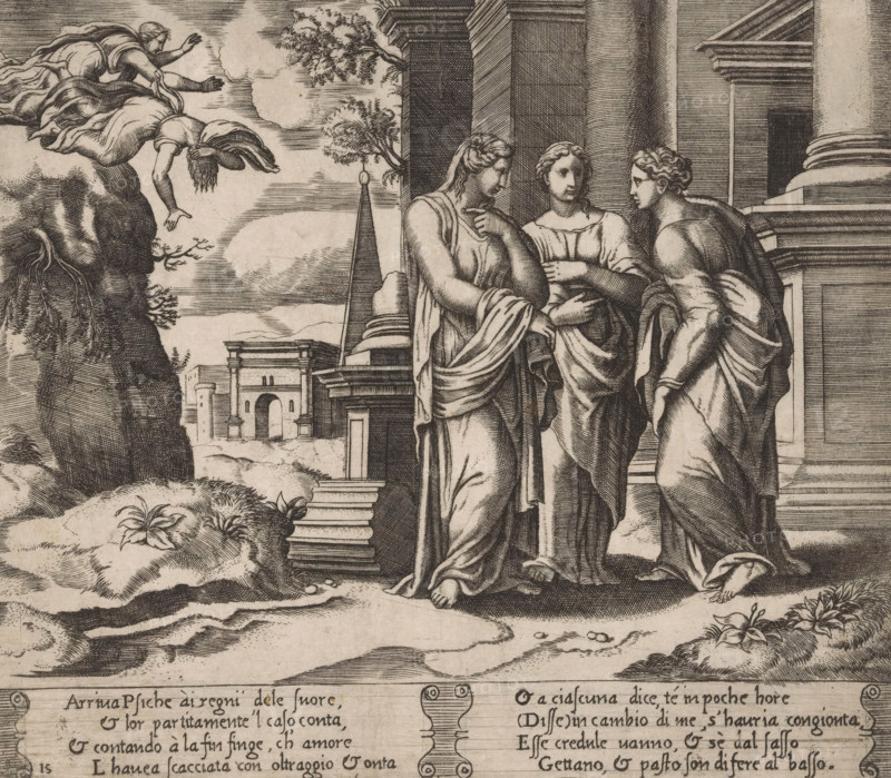 Psyche reports to her sisters, Story of Cupid and Psyche, print, Series number, 15, 32, Psyche tells her two sisters that Cupid has left her. On the left, the two sisters throwing themselves off a mountain in the hope of being taken to Cupid by Zephyrus (the personification of the west wind). Italian text in two cartouches in the lower margin. Numbered twice lower left: 15., The Illustrated Bartsch 53, Bartsch 53-1(2), printmaker: Master of the Dice, Italy, after design by Michiel Coxie (I), c. 1530 - c. 1560, paper, engraving, intaglio printmaking technique, engraving with plate tone, height 198 mm x width 228 mm, Three robed figures stand near the steps of a classical stone building with fluted columns and a carved base, two of them facing each other while the third looks toward them with an arm across the chest; their garments show flowing folds and their feet are visible on the ground. To the left a rocky cliff rises with a draped figure leaning forward from its top and an outstret...