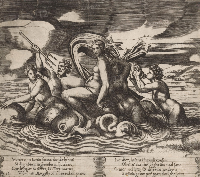 Venus receives news from a bird, Story of Cupid and Psyche, print, Series number, 16, 32, A bird tells Venus that her son Cupid is ill because of his love for the king's daughter Psyche. Italian text in two cartouches in the lower margin. Numbered twice lower left: 16., printmaker: Master of the Dice, Italy, after design by Michiel Coxie (I), c. 1530 - c. 1560, Master of the Dice, Michiel Coxie (I), printmaker, after design by, paper, engraving, intaglio printmaking technique, engraving with plate tone, height 200 mm x width 225 mm, A monochrome engraving shows a group of partially nude figures seated on large sea creatures in choppy water under a clouded sky; a central female figure faces forward with draped cloth billowing behind her, a bearded male beside her raises a trident, and other figures surround them with one blowing a conch shell; the sea creatures have visible heads and swirling tails, and the composition features closely spaced linework for shading and waves.
