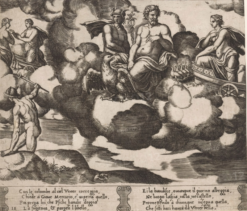 Venus asks Jupiter for help, Story of Cupid and Psyche, print, Series number, 18, 32, Venus arrives in her chariot drawn by doves. In the center sits Jupiter with an eagle and next to him Mercury with a caduceus. On the left Mercury on his way and Mercury in conversation with Venus. Italian text in two cartouches in the lower margin. Numbered twice lower left: 18., printmaker: Master of the Dice, Italy, after design by Michiel Coxie (I), c. 1530 - c. 1560, paper, engraving, intaglio printmaking technique, engraving with plate tone, height 194 mm x width 226 mm, A monochrome engraving showing figures among stylized clouds over a shoreline, with a central seated male figure draped in cloth pointing with one hand and a winged helmeted figure beside him holding a staff topped with two intertwined serpents, a large bird standing on the clouds in front of them, a seated female figure on a small chariot to the right, another chariot with two standing female figures at upper left, a partly nud...