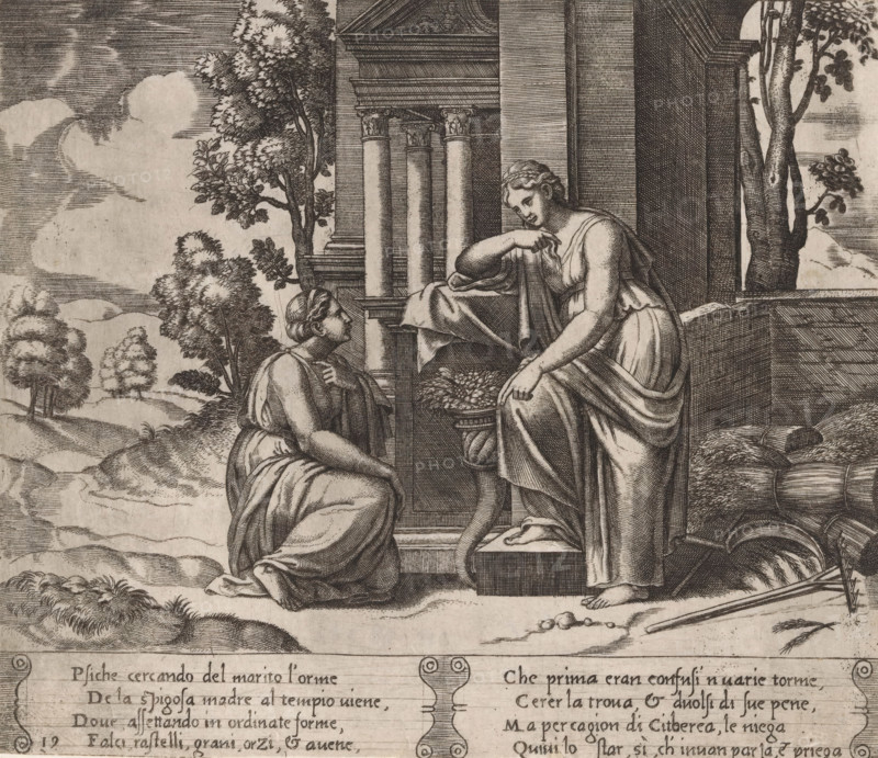 Ceres refuses help to Psyche, Story of Amor and Psyche, print, Series number, 19, 32, On the left the kneeling Psyche asking the goddess Ceres for help. On the right stands Ceres with a horn of plenty, scythe, rake and ears of corn. Italian text in two cartouches in the lower margin. Numbered twice lower left: 19., Bartsch 57-1(2), The Illustrated Bartsch 57, printmaker: Master of the Dice, Italy, after design by Michiel Coxie (I), c. 1530 - c. 1560, paper, engraving, intaglio printmaking technique, engraving with plate tone, height 196 mm x width 229 mm, A monochrome engraved scene shows two robed women on a stone portico with classical columns and an architectural backdrop; one woman is seated on a raised step, leaning forward with one arm resting on her knee and the other hand pointing toward a shallow dish of fruit on a small pedestal, while the other woman kneels on the ground facing her with one hand near her chest; trees and rolling hills appear in the background to the left and...