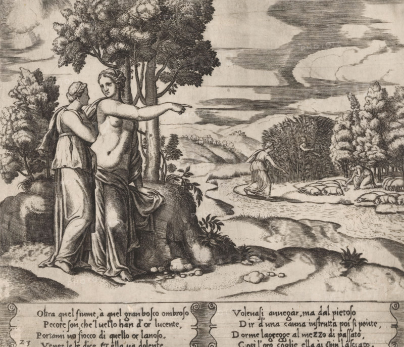 Psyche goes to look for the golden wool, Story of Amor and Psyche, print, Series number, 23, 32, Venus instructs Psyche to collect wool from a flock of sheep with a golden fleece. On the left, Venus points Psyche towards the sheep on the other side of a river. On the right, Psyche with the sheep and among the reeds that whispered advice to her on how to collect the wool. Italian text in two cartouches in the lower margin. Numbered twice lower left: 23., Bartsch 61-1(2), The Illustrated Bartsch 61, printmaker: Master of the Dice, Italy, after design by Michiel Coxie (I), c. 1530 - c. 1560, paper, engraving, intaglio printmaking technique, engraving with plate tone, height 196 mm x width 229 mm, Two standing women in draped garments are beside a tree, one facing forward with an outstretched arm pointing to the right and the other turned toward her with one hand near her chest; behind them a cluster of trees rises with detailed foliage. A winding stream runs from the foreground toward the...