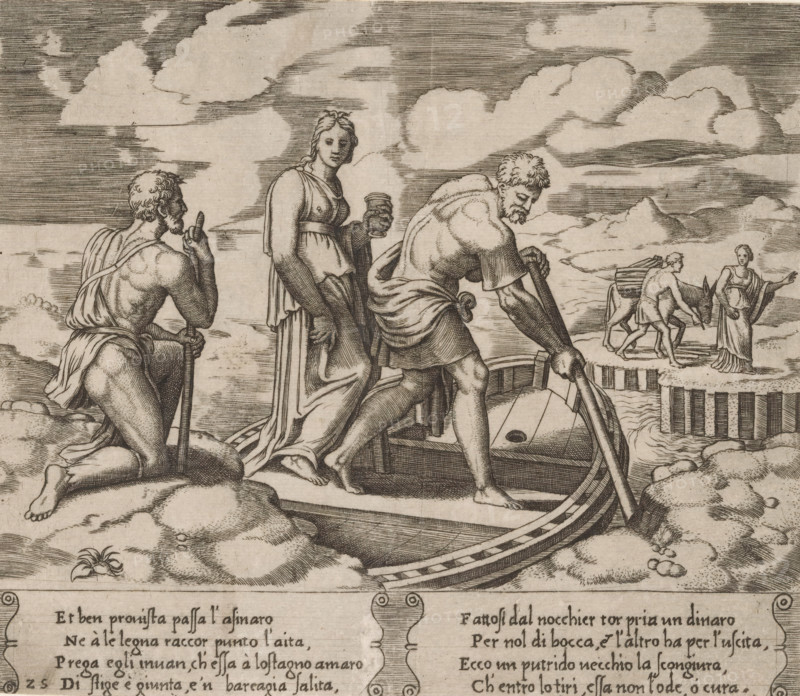Psyche in Charon's Ferry, Story of Amor and Psyche, print, Series number, 25, 32, Psyche stands in the ferryman Charon's boat, which takes her to the other side of the River Styx. On the other side of the river lies the underworld, where Psyche encounters a man with a donkey. Italian text in two cartouches in the lower margin. Numbered twice lower left: 25., Bartsch 63-1(2), The Illustrated Bartsch 63, printmaker: Master of the Dice, Italy, after design by Michiel Coxie (I), c. 1530 - c. 1560, paper, engraving, intaglio printmaking technique, engraving with plate tone, height 195 mm x width 227 mm, A monochrome engraved scene shows three figures in the foreground near a small boat, with a kneeling bearded man on the left holding a staff and looking toward the center, a standing robed woman in the middle holding a cup and facing forward, and a muscular man on the right bent over the boat grasping an oar. The boat has visible planks and a curved hull, and water with ripples is around it....