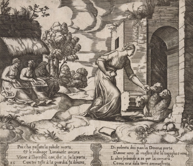 Psyche leading Cerberus, Story of Amor and Psyche, print, Series number, 26, 32, Psyche leads Cerberus, the three-headed dog that guards the entrance to the underworld. On the left, the three Fates, spinning the threads of life for humans. Italian text in two cartouches in the lower margin. Numbered twice lower left: 26., printmaker: Master of the Dice, Italy, after design by Michiel Coxie (I), c. 1530 - c. 1560, paper, engraving, intaglio printmaking technique, engraving with plate tone, height 194 mm x width 226 mm, A monochrome engraving shows a woman in a flowing dress leaning forward from a ruined stone doorway to offer something to two dogs at the entrance, the woman’s hair is tied back and her posture is bent with one arm extended and the other holding a small vessel; nearby three seated women work with flat trays under a thatched roof and behind them a group of trees rises against a sky filled with stylized clouds, while the foreground contains rocky ground with scattered plant...