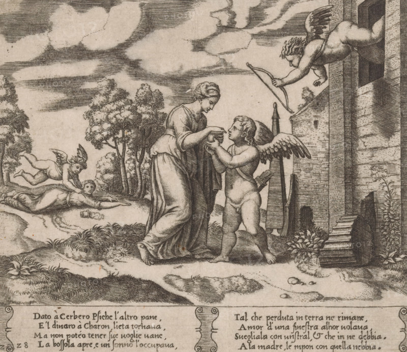 Psyche opens the jar with Proserpina's beauty, Story of Amor and Psyche, print, Series number, 28, 32, Seduced by the idea that it will make her more beautiful, Psyche opens the jar filled with the beauty of Proserpina, the goddess of the underworld. On the right, Amor escapes from the window of the palace in which Venus imprisoned him. On the left, the fallen Psyche awakens, after which Amor will take her away. Italian text in two cartouches in the lower margin. Numbered twice lower left: 28., printmaker: Master of the Dice, Italy, after design by Michiel Coxie (I), c. 1530 - c. 1560, Master of the Dice, Michiel Coxie (I), printmaker, after design by, paper, engraving, intaglio printmaking technique, engraving with plate tone, height 195 mm x width 227 mm, A detailed black and white engraving shows a barefoot woman in a flowing dress leaning toward a winged child who stands and holds her hands, the child carrying a quiver on the back; another winged child hovers near a building window...