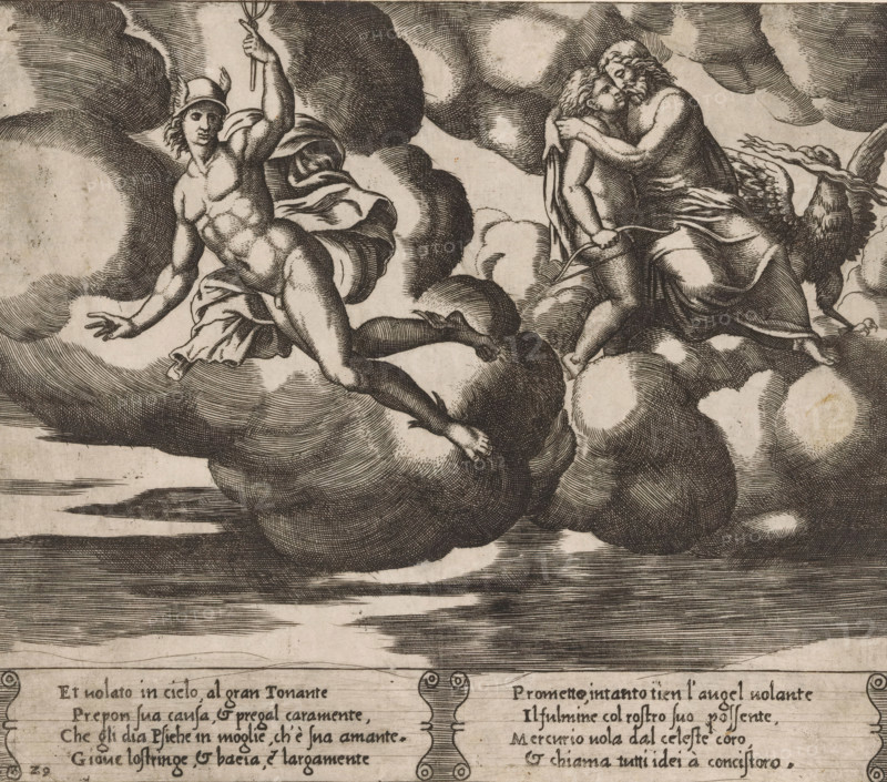 Amor begs Jupiter, Story of Amor and Psyche, print, Series number, 29, 32, Amor begs Jupiter for mercy for the king's daughter Psyche. Right Amor in the arms of Jupiter, beside them the eagle and lightning bolt. Left Mercury, with caduceus in hand, to whom Jupiter commanded to take Psyche to heaven. Italian text in two cartouches in the lower margin. Numbered twice lower left: 29., printmaker: Master of the Dice, Italy, after design by Michiel Coxie (I), c. 1530 - c. 1560, Master of the Dice, Michiel Coxie (I), printmaker, after design by, paper, engraving, intaglio printmaking technique, engraving with plate tone, height 198 mm x width 230 mm, A monochrome engraving showing figures among large billowing clouds; on the left a nude male with a winged helmet and a cloak streams behind him as he leans forward with one arm extended and the other raised holding a small rod, his muscular torso and limbs visible as he floats on the clouds; on the right two figures are embracing on a cloud, on...