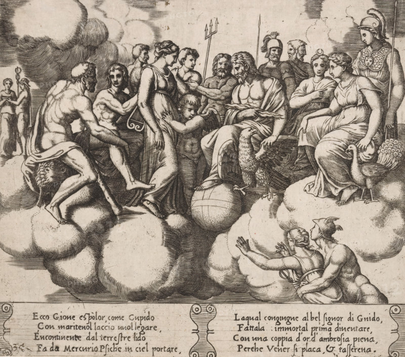 Meeting of gods regarding the fate of Psyche, Story of Cupid and Psyche, print, Series number, 30, 32, Jupiter has summoned the Olympian gods after Cupid begged him for mercy for the king's daughter Psyche. On the left, Mercury giving Psyche a cup of ambrosia, a drink that will make her immortal. On the right in the foreground, Mercury taking Psyche to Olympus. Italian text in two cartouches in the lower margin. Numbered twice lower left: 30., printmaker: Master of the Dice, Italy, after design by Michiel Coxie (I), c. 1530 - c. 1560, Master of the Dice, Michiel Coxie (I), printmaker, after design by, paper, engraving, intaglio printmaking technique, engraving with plate tone, height 197 mm x width 225 mm, A detailed engraving shows a group of clothed and partially nude figures seated and standing on stylized clouds, with muscular male figures, draped female figures, and children interacting; one bearded male sits with a draped cloth and a bird with a long neck and large feathers at hi...