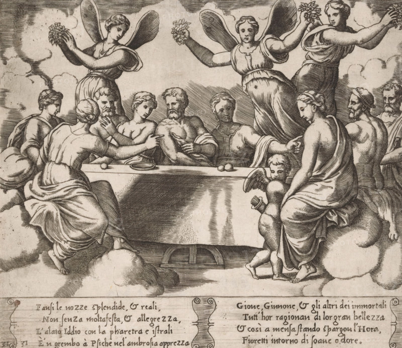 Wedding of Cupid and Psyche, Story of Cupid and Psyche, print, Series number, 31, 32, Banquet at the wedding of Cupid and Psyche. Around a long table sit Cupid and Psyche with a number of other gods. To the right sits Hercules on his lion skin. Behind the table three Horae (goddesses of the seasons) with butterfly wings. Italian text in two cartouches in the lower margin. Numbered twice lower left: 31., Bartsch 69-1(2), The Illustrated Bartsch 69, printmaker: Master of the Dice, Italy, after design by Michiel Coxie (I), c. 1530 - c. 1560, paper, engraving, intaglio printmaking technique, engraving with plate tone, height 194 mm x width 225 mm, A sepia-toned engraving showing a group of classical figures gathered around a rectangular table draped with a cloth, with several robed and semi-nude adults seated and standing close together, some reaching toward one another and touching arms and shoulders. Above and behind the seated group float winged female figures holding small bouquets, th...