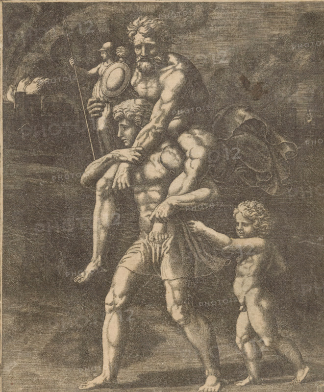 Aeneas and his family flee from Troy, print, Aeneas walks with his father Anchises on his back. In his right hand, Anchises carries the household gods (Penates). Behind Aeneas walks his son Ascanius. In the background, burning Troy., number: '69', printmaker: Master of the Dice, Italy, after design by Raphael, c. 1530 - c. 1560, paper, engraving, intaglio printmaking technique, engraving with plate tone, proof print, height 255 mm x width 189 mm, 'Pius Aeneas': Aeneas, leading Ascanius, escapes from burning Troy, carrying his father Anchises with the Penates, his wife Creusa, who sets out with them, is lost on the way, A monochrome engraving showing three muscular male figures in a vertical arrangement, the largest at the center carrying another adult on his shoulders while a child stands beside them holding onto a draped cloth; the central figure has curly hair and a beard and wears a short skirt, the carried figure appears to be supported under the arms and holds a round shield and l...