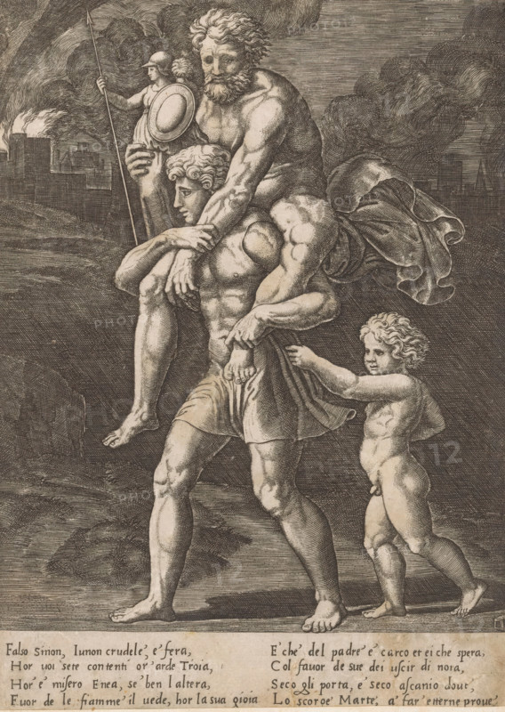 Aeneas and his family flee from Troy, print, Aeneas walks with his father Anchises on his back. In his right hand, Anchises carries the household gods (Penates). Behind Aeneas walks his son Ascanius. In the background, burning Troy. Italian text in two columns in the bottom margin., printmaker: Master of the Dice, Italy, after design by Raphael, c. 1530 - c. 1560, paper, engraving, intaglio printmaking technique, engraving with plate tone, height 251 mm x width 182 mm, 'Pius Aeneas': Aeneas, leading Ascanius, escapes from burning Troy, carrying his father Anchises with the Penates, his wife Creusa, who sets out with them, is lost on the way, A detailed engraving shows a muscular naked man carrying an older bearded man on his shoulders, the older man's arms wrapped around the carrier's head and chest while his legs hang down. A small nude child walks beside them, holding the edge of a cloth draped around the carrier's waist. In the background a helmeted figure stands holding a long spea...