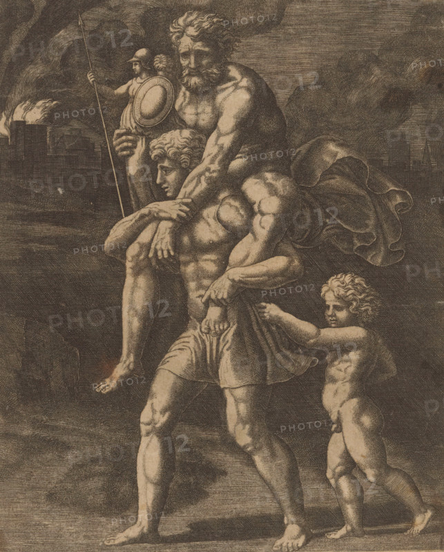 Aeneas and his family flee from Troy, print, Aeneas walks with his father Anchises on his back. In his right hand, Anchises carries the household gods (Penates). Behind Aeneas walks his son Ascanius. In the background, burning Troy. Italian text in two columns in the bottom margin., printmaker: Master of the Dice, Italy, after design by Raphael, c. 1530 - c. 1560, paper, engraving, intaglio printmaking technique, engraving with plate tone, height 226 mm x width 183 mm, 'Pius Aeneas': Aeneas, leading Ascanius, escapes from burning Troy, carrying his father Anchises with the Penates, his wife Creusa, who sets out with them, is lost on the way, A monochrome engraving shows three nude or partially draped male figures in a classical style. A large bearded man sits on the shoulders of a muscular young man who stands and supports him with one arm around the youth's chest and one hand resting on the youth's head. The seated man's drapery billows behind him. A small child stands beside them, ho...