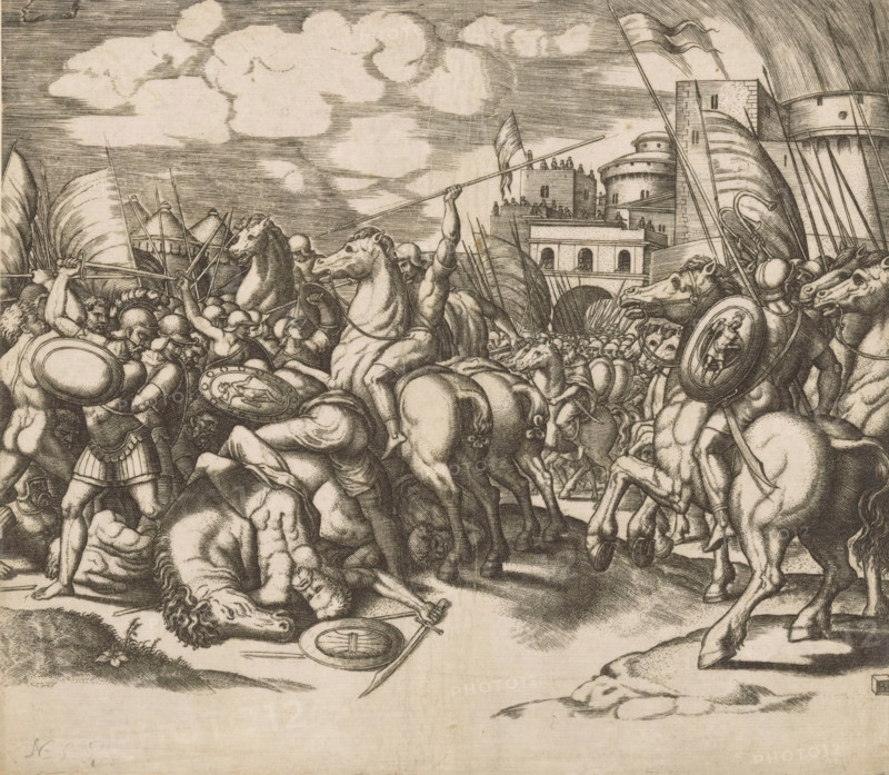 Victory of Scipio over King Syphax, print, A battle with soldiers on foot and on horseback. On the right in the background the walls of a city from which people are watching., printmaker: Master of the Dice, Italy, after design by Raphael, c. 1530 - c. 1560, paper, engraving, intaglio printmaking technique, engraving with plate tone, proof print, height 214 mm x width 245 mm, battle, (story of) P. Cornelius Scipio Africanus Major, A densely packed monochrome scene shows armored soldiers and horses engaged in combat in front of a city gate with arched entrances and multi-story towers; warriors wield spears, swords, and shields, some shields bearing circular decorations, while several horses rear and strain amid the clash; fallen figures and horses lie on the ground in the foreground with discarded weapons nearby, and a group of soldiers crowd beneath raised standards and banners; above the scene clouds streak the sky and figures stand atop the city walls observing the fighting.