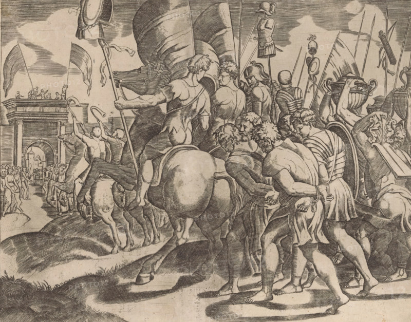 Triumph of Scipio, print, Triumphal procession of Scipio Africanus in Rome after his victory over the Carthaginian army. Behind the victors on horseback walk the chained vanquished. On the left a triumphal arch., after print by Master of the Dice, Italy, in or after c. 1530 - in or after c. 1560, Master of the Dice, printmaker, after print by, paper, engraving, intaglio printmaking technique, engraving with plate tone, height 194 mm x width 246 mm, triumphal arch, A detailed black and white engraving shows a crowded scene of figures and horses moving toward a distant arched gateway, with muscular men in various poses, some bareback or partially draped, others wearing armor and helmets, and several carrying long standards, shields, and large urns held aloft. The foreground is dominated by the rounded haunches of horses and the backs and limbs of men striding over uneven, textured ground. Middle ground figures include a group of soldiers with spears and helmets, a man holding a staff wit...