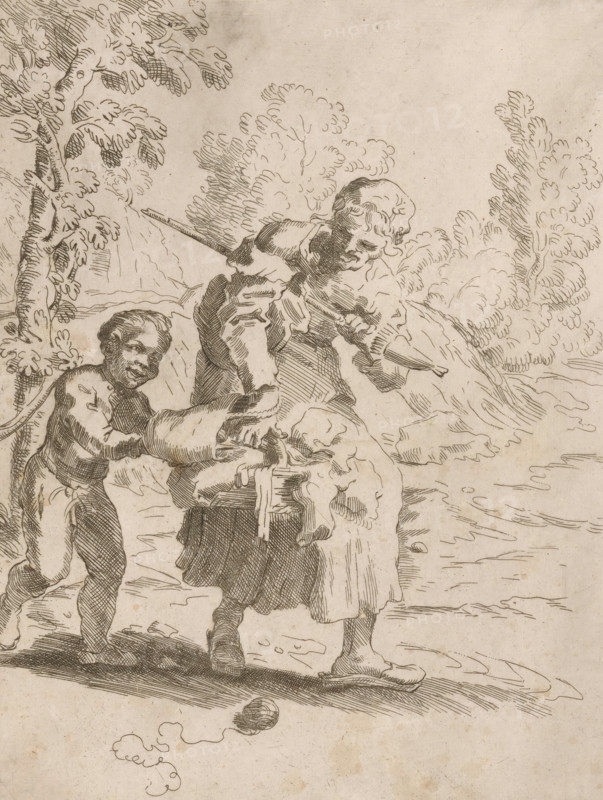 Old woman with a boy on a walk, print, Old woman, with a spinning wheel and two filled baskets, walks through a landscape with a boy. A ball of wool lies in the foreground., Italy, 1650 - 1749, printmaker, paper, etching, intaglio printmaking technique, etching with plate tone, height 246 mm x width 185 mm, landscapes, wool (material, textile industry), walking, distaff, A sepia-toned line drawing of two figures walking outdoors beside water, one figure in front wearing a skirted garment and holding a long stick across their shoulder with fabric draped over it, the other figure behind carrying a wrapped bundle and bending slightly forward; both wear simple shoes and have short, curly hair. The background shows stylized trees with clustered foliage and a shoreline with gentle waves, and a rounded rock or ball lies on the ground near the foreground. The image is composed of fine hatch and contour lines with areas of crosshatching for shading.