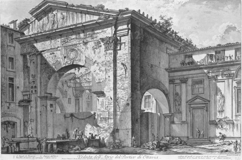Porticus of Octavia in Rome, Veduta dell'Atrio del Portico di Ottavia, Views of Rome, Vedute di Roma disegnate ed incise da Giambattista Piranesi architetto Ve(nez)iano, print, View of the remains of the Porticus of Octavia in Rome. Title and list with explanatory numbers in bottom margin., printmaker: Giovanni Battista Piranesi, Rome, after design by Giovanni Battista Piranesi, 1748 - 1778, Giovanni Battista Piranesi, printmaker, paper, etching, height 399 mm x width 597 mm, This print is part of the series 'Vedute di Roma'. Piranesi worked on this series of 135 plates between 1748 and his death in 1778. Francesco Piranesi later added two more prints to his father's series: ruin of a building, architecture, landscape with ruins, city-view, and landscape with man-made constructions, Porticus of Octavia., A detailed black and white architectural engraving shows a large classical ruin with tall stone walls, arches, and ornate pediments. The central focus is a massive archway with texture...
