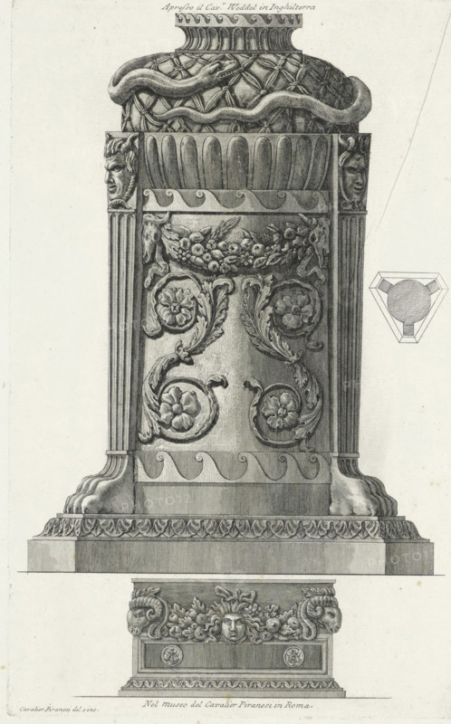 Tripod with ouroborus and vase with putti, Vases, candlesticks, gravestones, sarcophagi, tripods, lamps and ornaments designed and engraved by Giovanni Battista Piranesi, Vasi, candelabri, cippi, sarcofagi, tripodi, lucerne, ed ornamenti antichi disegn. ed incisi dal cav. Gio. Batta Piranesi, print, Sheet with two depictions of an antique tripod and a vase. Left: an antique tripod with an ouroborus, masks and a garland. Right: a top view. Text above and below the depiction. Right: an antique vase with putti and garlands. Text and explanatory letters above the depiction. Dedication in lower margin., printmaker: Giovanni Battista Piranesi, Rome, dedicated to: Winefred Constable, 1778, paper, etching, print of two plates on an uncut sheet, height 391 mm x width 247 mm x height 390 mm x width 259 mm, The 'Vasi' series comprises 110 prints, distributed over two volumes, each with its own title print. Piranesi was assisted for this series by various assistants from his workshop, including hi...