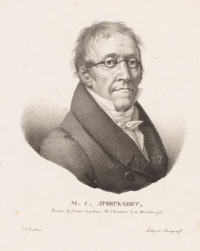 Portrait of Michel-Joseph Speeckaert, MJ Speeckaert, Portraits des artistes modernes nés dans le Royaume des Pays-Bas, Portraits of contemporary artists from the United Kingdom of the Netherlands, print, printmaker: Guillaume Philidor Van den Burggraaff, after design by Jacob Joseph Eeckhout, Brussels, 1822, printer (person), paper, lithography, height 300 mm x width 235 mm, Print is part of a series of sixty prints., Person, Michel-Joseph Speeckaert, historical persons, portrait, self-portrait or painter, A monochrome portrait drawing of an older man shown from the chest up, facing slightly to the viewer's left, with thin hair and round eyeglasses, wearing a high-collared shirt with a cravat and a dark coat with wide lapels and a visible button, rendered with fine stippling and shading on a pale background with small scattered spots.