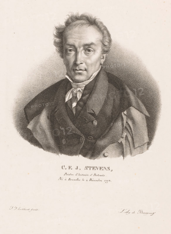 Portrait of CFJ Stevens, CFJ Stevens, Portraits of contemporary artists from the United Kingdom of the Netherlands, Portraits des modern artists from the Royaume des Pays-Bas, print, printmaker: Guillaume Philidor Van den Burggraaff, after design by Jacob Joseph Eeckhout, Brussels, 1822, printer (person), paper, lithography, height 306 mm x width 231 mm, Print is part of a series of sixty prints., Person, historical persons, portrait, self-portrait of painter, A sepia-toned portrait drawing of a middle-aged man shown from the chest up, with wavy hair that recedes slightly at the temples and a contemplative facial expression, wearing a high-collared shirt with a tied neckcloth and a dark double-breasted coat with wide lapels and a draped cloak over one shoulder, the figure set against a softly shaded oval background on a light paper surface.
