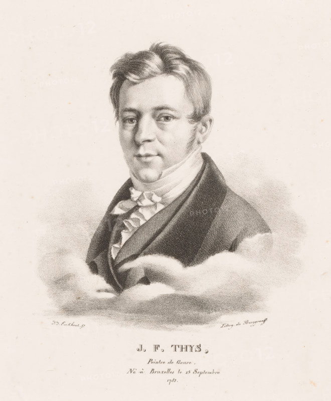 JF Thys, Portrait of Jean-François Thys, Portraits des modern artists from the Royaume des Pays-Bas, Portraits of contemporary artists from the United Kingdom of the Netherlands, print, printmaker: Guillaume Philidor Van den Burggraaff, after design by Jacob Joseph Eeckhout, Brussels, 1822, printer (person), paper, lithography, height 311 mm x width 230 mm, Print is part of a series of sixty prints., Person, Jean-François Thys, historical persons, portrait, Self-portrait of a painter, A monochrome portrait drawing of a man shown from the chest upward, with short wavy hair and sideburns, wearing a high-collared shirt with layered ruffles and a dark coat, his face turned slightly toward the viewer with a neutral expression; soft shaded clouds or mist surround his lower torso and shoulders, and the background is a pale, lightly speckled paper.