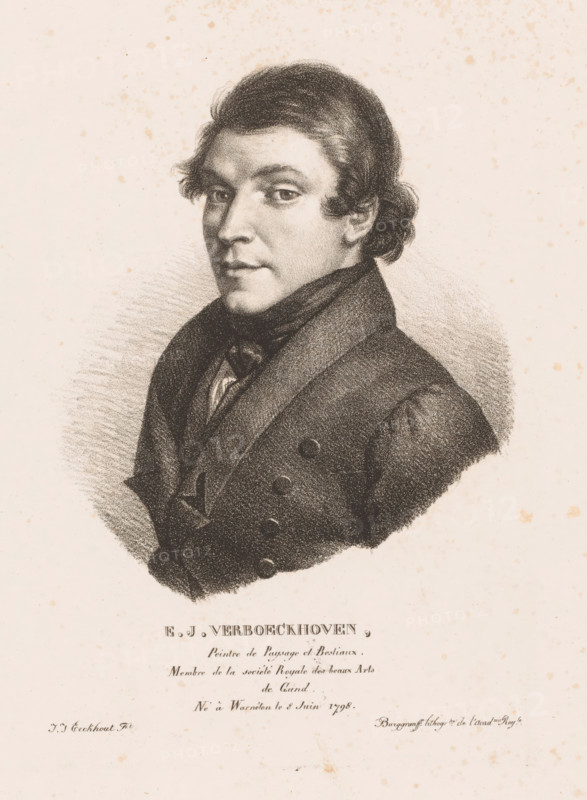 Portrait of Eugène Verboeckhoven, EJ Verboeckhoven, Portraits of contemporary artists from the United Kingdom of the Netherlands, Portraits of modern artists from the Royaume des Pays-Bas, print, printmaker: Guillaume Philidor Van den Burggraaff, after design by Jacob Joseph Eeckhout, Brussels, 1822, printer (person), paper, lithography, height 306 mm x width 230 mm, Print is part of a series of sixty prints., Person, Eugène Verboeckhoven, historical persons, portrait, Self-portrait of a painter, A monochrome portrait drawing of a young man shown from the chest up and turned slightly to his right, with short wavy hair brushed back, a composed facial expression, and eyes looking toward the viewer; he wears a high-collared coat with broad lapels and visible buttons, and a cravat or neckcloth at the throat; the background is a pale textured paper with scattered small spots and light shading around the figure.