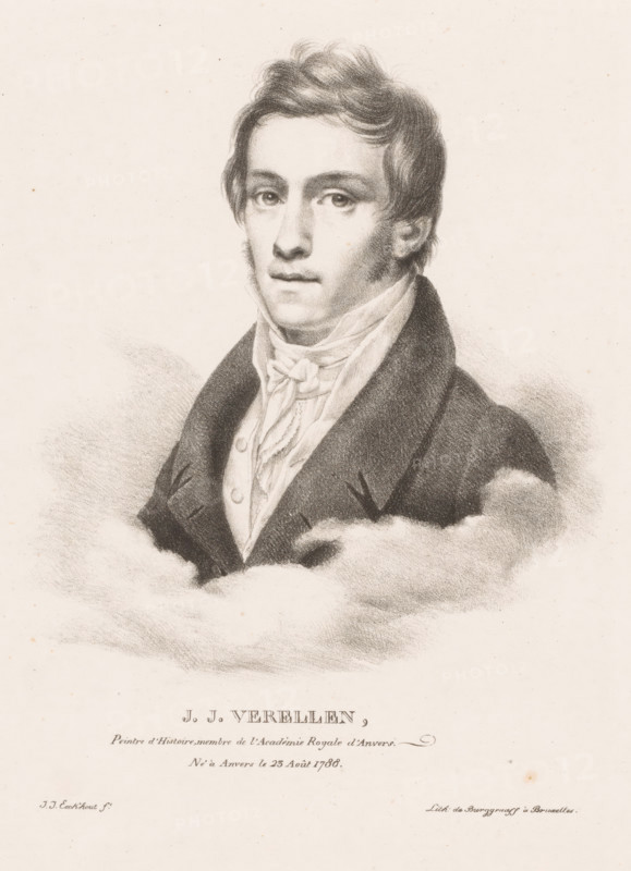 Portrait of Jean Joseph Verellen, JJ Verellen, Portraits of contemporary artists from the United Kingdom of the Netherlands, Portraits of modern artists from the Royaume des Pays-Bas, print, printmaker: Guillaume Philidor Van den Burggraaff, after design by Jacob Joseph Eeckhout, Brussels, 1822, printer (person), paper, lithography, height 301 mm x width 221 mm, Print is part of a series of sixty prints., Person, Jean Joseph Verellen, historical persons, portrait, self-portrait of painter, A monochrome portrait drawing of a young man shown from the chest up, facing slightly toward his left with a neutral expression and short wavy hair, wearing a high-collared shirt with a tied cravat and a dark coat, the lower part of the image softened into cloud-like shading around his shoulders, with a plain light background.