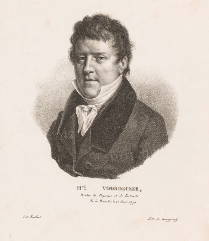 Portrait of Henri Voordecker, Hri. Voordecker, Portraits des artistes modernes nés dans le Royaume des Pays-Bas, Portraits of contemporary artists from the United Kingdom of the Netherlands, print, printmaker: Guillaume Philidor Van den Burggraaff, after design by Jacob Joseph Eeckhout, Brussels, 1822, printer (person), paper, lithography, height 305 mm x width 235 mm, Print is part of a series of sixty prints., Person, Henri Voordecker, historical persons, portrait, self-portrait of painter, A monochrome portrait of a man shown from the chest up wearing a dark coat with a high collar and a light scarf or cravat wrapped around his neck, his face rendered with fine dot shading, short wavy hair, and a neutral expression looking slightly toward the viewer, set against a light textured background with a vignette of stippled shading around his shoulders and upper torso.