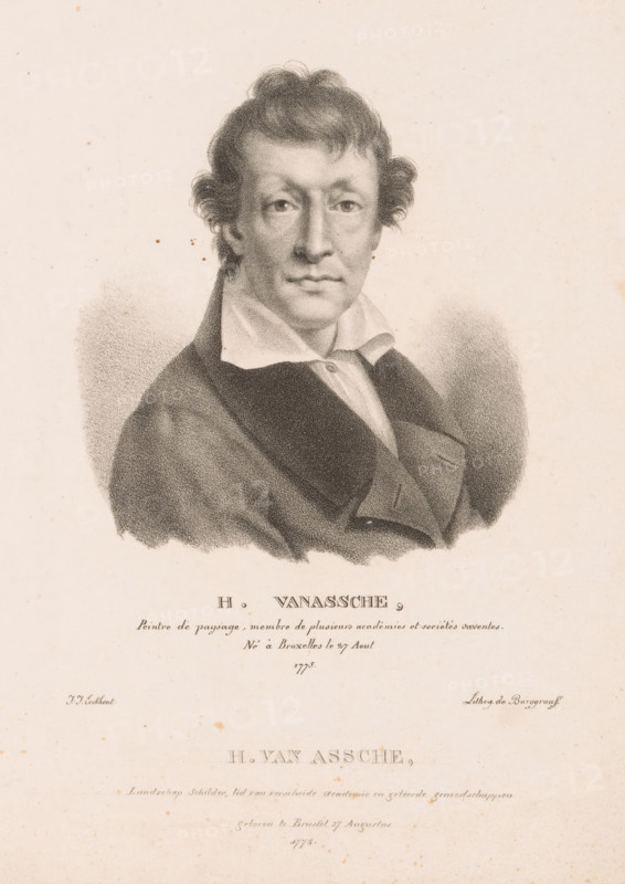 H. Vanassche, Portrait of Henri van Assche, Portraits of contemporary artists from the United Kingdom of the Netherlands, Portraits of modern artists born in the Kingdom of the Netherlands, print, printmaker: Guillaume Philidor Van den Burggraaff, after design by Jacob Joseph Eeckhout, Brussels, 1822, printer (person), paper, lithography, height 294 mm x width 229 mm, Print is part of a series of sixty prints., Person, Henri van Assche, historical persons, portrait, self-portrait of painter, A monochrome lithographic portrait of a man shown from the chest up, facing forward with a neutral expression; he has wavy dark hair, pronounced cheekbones, and slightly arched eyebrows, and his eyes look straight ahead. He wears a high-collared white shirt with a dark coat that has broad lapels and a folded front. The portrait is rendered with stippled shading against a pale background that shows subtle speckling and small spots. Below the portrait there is a wide blank area with faint printed lin...