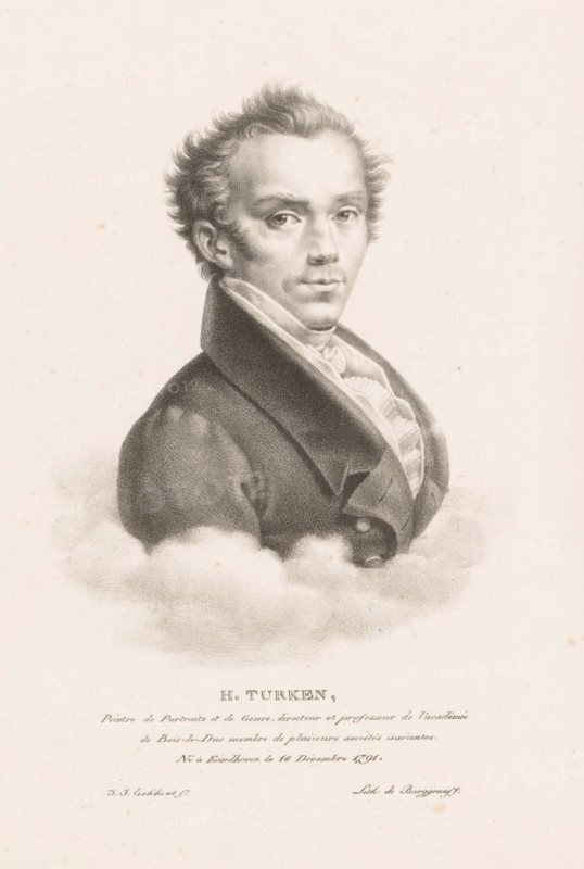 H. Turken, Portrait of Henricus Turken, Portraits of contemporary artists from the United Kingdom of the Netherlands, Portraits des artistes modernes nés dans le Royaume des Pays-Bas, print, printmaker: Guillaume Philidor Van den Burggraaff, after design by Jacob Joseph Eeckhout, Brussels, 1822, printer (person), paper, lithography, lithografie, height 310 mm x width 246 mm, Print is part of a series of sixty prints., Person, Henricus Turken, historical persons, portrait, self-portrait of painter, A sepia-toned portrait drawing of a man shown from the chest up wearing a dark coat with a high collar and a light ruffled shirt visible at the neck, his hair is short and tousled, his face turned slightly toward the viewer with a neutral expression, soft shading creates cloud-like forms around his shoulders and lower chest against a pale background.
