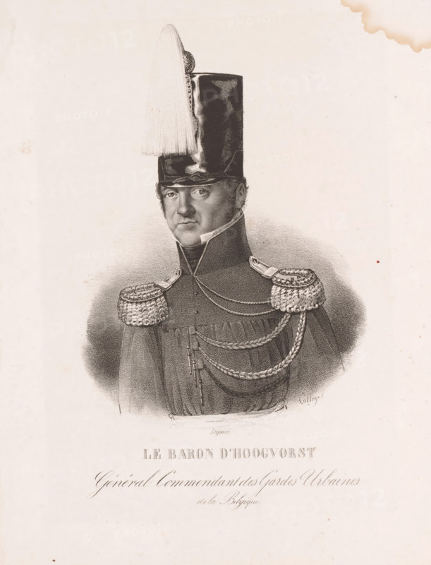 Baron d'Hoogvorst, General Commander of the Urban Guards of Belgium, Portrait of Baron Hoogvorst, 1830, print, Portrait of Emmanuel van der Linden, Baron d'Hooghvorst, ca. 1830. Commander of the urban militia in Brussels. Part of a group of portraits of persons who participated in the Belgian Revolution or are renowned for it., : 'Déposé', printmaker: HI Colleye, Belgium, 1830 - 1835, paper, lithography, height 316 mm x width 245 mm, Person, Emmanuel van der Linden d'Hooghvorst, Belgian Revolution, Period, A black and white lithographic portrait of a man in a military uniform shown from the chest up, wearing a tall shako hat with a long plume on one side, a high collar, and braided epaulettes on each shoulder with multiple cords draped across his chest; his face is rendered with detailed shading showing a neutral expression and short hair at the temples, and the background is plain with faint shading around the figure and some paper age marks near the edges.