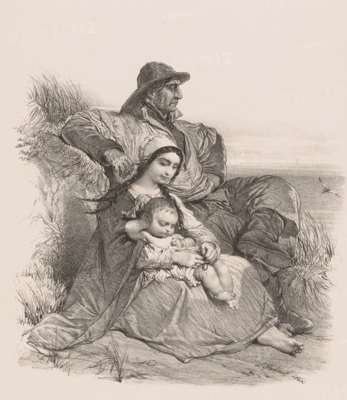 Fisherman family from Blankenberge resting in the dunes, Famille de pêcheurs de Blankenbergh, print, printmaker: Louis Gallait, printer (person): Simonau & Toovey, Brussels, 1848, printer (person), paper, chine collé, lithography, height 424 mm x width 270 mm, dune coast, fisherman, parents with their children, resting - BB - out of doors, Blankenberge, A charcoal or pencil drawing shows a seated family group on grassy ground near water; a man wearing a wide-brimmed hat and heavy coat reclines against a grassy bank with one arm resting behind a woman, his face in profile and his gaze outward, while the woman, wearing a bonnet and a dark dress with a shawl, sits slightly forward with her head tilted down and braided hair visible, holding a sleeping infant in her lap whose limbs are relaxed and who wears a loose garment; the scene includes textured grass and bundled clothing, with the shoreline and a small bird in flight visible in the background.
