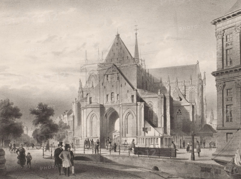 The Nieuwe Kerk, L'Église Neuve, View of the Nieuwe Kerk in Amsterdam, Amsterdam, New views of Amsterdam and surroundings, drawn from nature by C. Springer and other painters, Views of Amsterdam after Cornelis Springer and other artists, print, printmaker: Théodore Fourmois, after design by Cornelis Springer, publisher: Buffa en Zonen, French, c. 1850, Théodore Fourmois, Cornelis Springer, Buffa en Zonen, printmaker, after design by, publisher, paper, chine collé, lithography, height 280 mm x width 360 mm, church (exterior), city-view in general, 'veduta' (city(-scape) with figures, staffage), Nieuwe Kerk (Amsterdam), A wide street scene shows a large Gothic-style stone building with pointed arches, tall narrow windows, buttresses, and a steeply pitched roof with a central tower and spire. People in period clothing walk and stand in small groups along the street and near the building entrance, some wearing top hats and long coats, others in dresses and bonnets. Horse-drawn carts and ca...