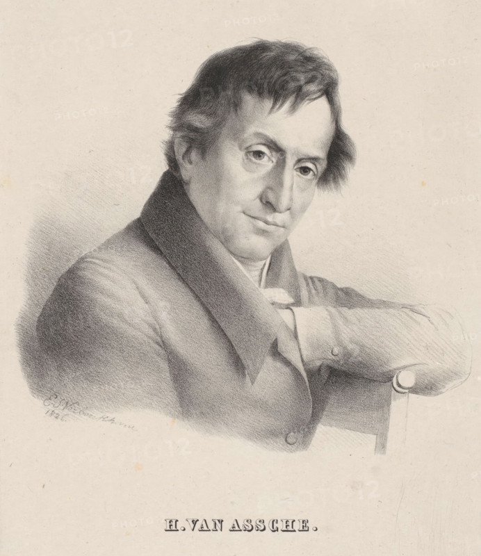 H. van Assche, Portrait of Henri van Assche, print, printmaker: Eugène Verboeckhoven, printer (person): Antoine Dewasme-Plétinckx, Brussels, 1826, printer (person), paper, chine collé, lithography, height 550 mm x width 354 mm, Person, Henri van Assche, historical persons, portrait, self-portrait of graphic artist, A grayscale portrait drawing of a man shown from the chest up, wearing a dark coat with a wide collar and a light-colored shirt underneath, his arms crossed and resting on the back of a chair with a rounded top rail, his face turned slightly toward the viewer with short, wavy hair, visible ears, and faint lines on the forehead and around the eyes, rendered with soft shading and fine stippled texture against a plain, lightly speckled background.