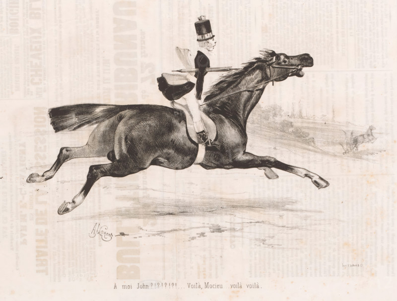 Young Man on a Galloping Horse, Small joys of horse riding, Les petits bonheurs de l'équitation, cartoon, printmaker: Alcide Joseph Lorentz, printer (person): Aubert & Cie., Paris, publisher: Bauger (possibly), 1843-01-23, Alcide Joseph Lorentz, Aubert & Cie., Bauger, printmaker, printer (person), publisher, paper, lithography, letterpress printing, lithography with letterpress text on verso, height 241 mm x width 365 mm, A black ink drawing of a man riding a galloping horse across a pale, textured background that shows faint printed patterns. The horse is depicted in full stride with legs extended, a flowing mane and tail, visible tack including a bridle and a saddle, and detailed shading on its musculature. The rider sits upright wearing a dark coat, light trousers, tall boots, and a tall top hat, holding the reins and a riding crop. In the distant background a smaller sketch of another horse and rider appears near a faint landscape suggestion. The image has an artist signature near ...