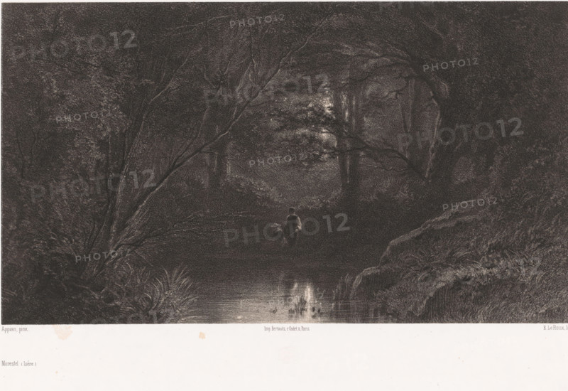 Two figures by a moonlit pond in the forest, Morestel (Isère), print, Series number, 151, printmaker: Eugène Leroux, after painting by Adolphe Appian, printer (person): Victor Jacques Bertauts, Paris, 1856 - 1857, printer (person), paper, chine collé, chalk lithograph, chalk lithography with planing technique, height 313 mm x width 446 mm, Print used for: Les Artistes anciens et moderns, vol. 4, vol. 7, 1856-1857., moonlight, pond, pool (landscape with figures, staffage), forest, wood (landscape with figures, Morestel, A dark, densely shaded woodland scene with tall trees and thick undergrowth forming a canopy that frames a small clearing and reflective pool in the foreground, a lone figure standing near the water with a dog at their side, faint light filtering through the trees and casting subtle reflections on the water, textured foliage and twisted branches filling the surrounding space and a lighter sky barely visible through the treetops.