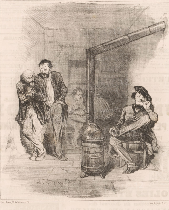 Two criminals talk about a third man, Pourquoi donc qu'y fait tant sa tête, celui-là?, Vanity of vanities, Vanité des Vanités! Tout n'est que vanité!, cartoon, print, Series number, 6, 10, printmaker: Charles Emile Jacque, printer (person): Aubert & Cie., Paris, 1843, printer (person), paper, lithography, height 363 mm x width 246 mm, Print used for: Le Charivari, 1843., heating stove, criminals, whispering, A pencil or charcoal drawing of an interior scene showing a cylindrical stove with a vertical pipe rising and angling toward the upper right, two men standing to the left in worn clothing with one hunched and clutching his coat while the other leans close and looks down, a seated figure to the right reclining on a stool with legs crossed and one hand near the mouth, and two faintly sketched figures in the background around a table.