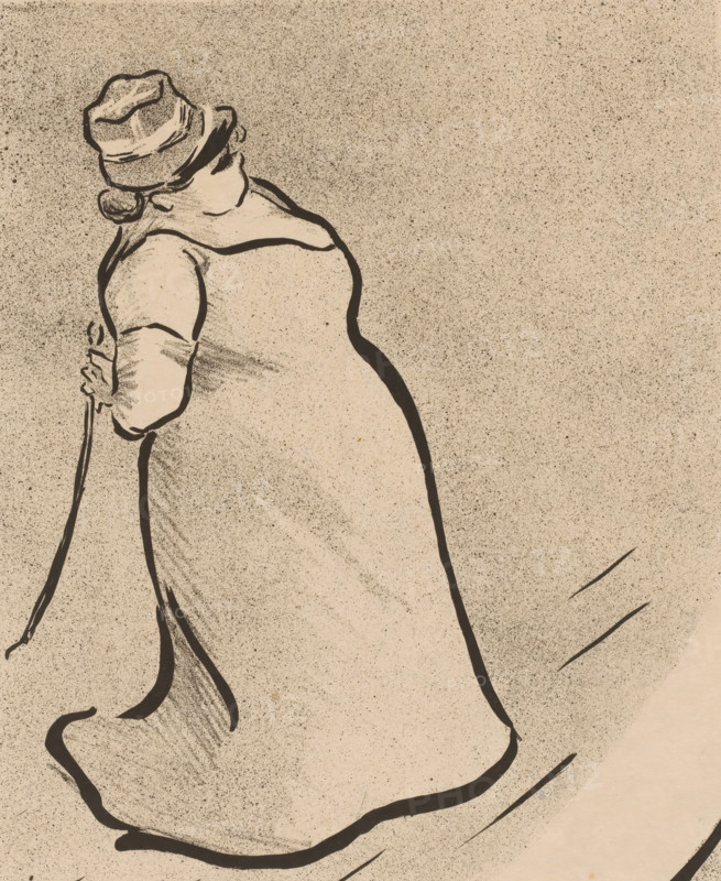 Jeanne Bloch, Portrait of the singer Jeanne Bloch, Artists of the café concert, Le Café Concert, print, printmaker: Henri Gabriel Ibels, publisher: L'Estampe originale, Paris, 1893, Henri Gabriel Ibels, L'Estampe originale, paper, pen lithography, sprits technique, height 465 mm x width 294 mm, Print used for: L'Estampe originale, 1893., Person, historical persons, portrait of actor, actress, A monochrome ink drawing of a person seen from behind wearing a long coat and a hat, the coat shown with broad sweeping lines and shaded areas, one arm bent holding a cane, the hat depicted with layered bands and a rounded crown, the figure outlined in bold dark strokes against a textured speckled background.