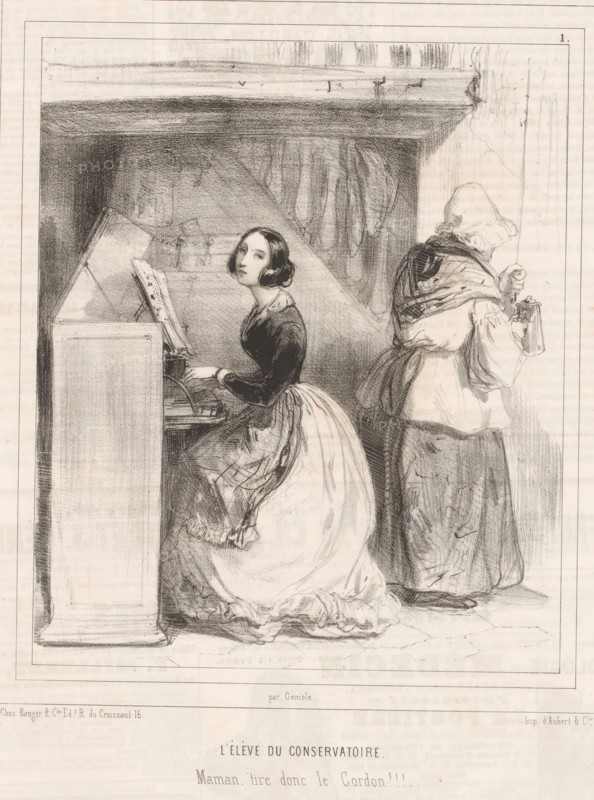 Conservatory student with her mother, L'élève du conservatoire, Parisian women, Les femmes de Paris, cartoon, print, Series number, 1, 30, printmaker: Alfred André Géniole, printer (person): Aubert & Cie., Paris, publisher: Bauger, 1842, Alfred André Géniole, Aubert & Cie., Bauger, printmaker, printer (person), publisher, paper, lithography, height 362 mm x width 236 mm, Print used for: Le Charivari, 1842., mother with son(s) and daughter(s) (mother-love), keyboard instruments, mother and daughter(s) (family group) (with NUMBER of daughters), student life - BB - female student, A pencil or charcoal drawing of two women in a simple interior with heavy ceiling beams, one seated at a keyboard instrument facing left with hands on the keys and sheet music on a stand, wearing a dark bodice and a light full skirt and looking toward the viewer, the other standing to the right with her back mostly turned, wearing a bonnet, shawl, and long skirt while holding a small object near a cord that hang...
