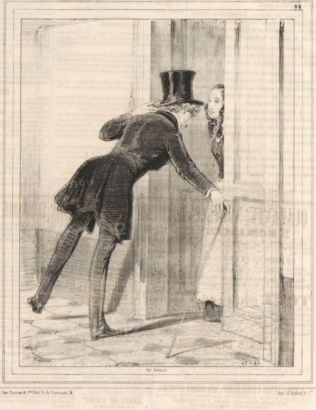 Servant maid opens the door for a young man, N'y a pas moyen!, Women from Notre-Dame-de-Lorette in Paris, Les Lorettes, cartoon, print, Series number, 49, 79, printmaker: Paul Gavarni, Paris, printer (person): Aubert & Cie., publisher: Pannier & Cie., 1843, Paul Gavarni, Aubert & Cie., Pannier & Cie., printmaker, printer (person), publisher, paper, lithography, height 362 mm x width 236 mm, Print used for: Le Charivari, May 8, 1843., maid, house personnel, opening the door, A charcoal or pencil sketch of a man leaning forward into a doorway toward a woman who is visible only from the shoulders and head; the man wears a tall top hat, a long fitted coat with tails, patterned stockings, and shoes, and he supports himself with one hand on the doorframe while the other reaches toward the woman and holds a slender cane that rests on the floor; the woman has long wavy hair and a calm facial expression as she looks at the man from the partially open door; the scene is rendered with soft shadin...