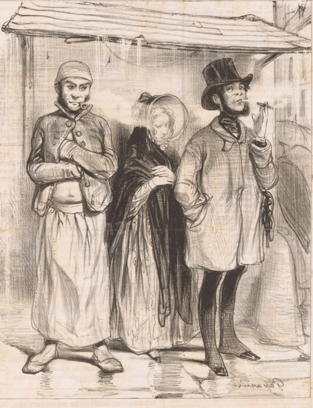 Woman standing between two smoking men, Entre deux feux, Martyrs, Les Martyrs, cartoon, print, Series number, 1, 8, printmaker: Paul Gavarni, printer (person): Aubert & Cie., Paris, 1841, printer (person), paper, lithography, height 361 mm x width 243 mm, Print used for: Le Charivari, April 15, 1841., tobacco, rain, A monochrome drawing shows three standing figures beneath an overhanging roof. On the left is a person wearing a cap and a buttoned coat with folded arms, a pipe in the mouth, a skirt-like lower garment, and shoes. In the center is a figure wrapped in a dark cloak with a bonnet and a faintly visible face turned slightly downward, hands held near the chest. On the right is a taller figure in a top hat and long coat, one hand in a pocket and the other holding a thin object near the mouth, wearing fitted trousers and pointed shoes. The background includes vertical and horizontal shading suggesting wooden boards and the ground beneath their feet has textured shading and indicat...