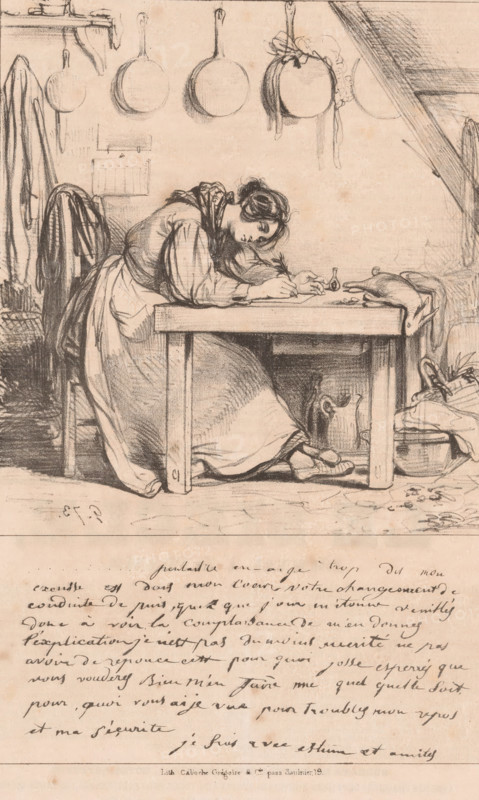 Woman writes a letter in the kitchen, Peut aitre en-ai je trop dit, Letters, La boîte aux lettres, cartoon, print, Series number, 34, stamp: 'Timbre Royal, 3c., Seine', printmaker: Paul Gavarni, publisher: Caboche & Cie., Grégoire, Paris, 1837, paper, lithography, height 363 mm x width 238 mm, Print used for: Le Charivari, August 26, 1837., kitchen, sitting figure - AA - female human figure, letter, envelope, handwriting, writing as activity, A sketch of a woman seated at a wooden table, leaning forward with her head resting on one arm and her other hand holding a small object on the tabletop, wearing a long dress and apron with her hair tied back; a chair behind her and a coat or cloth hanging on the left; pans and a round object suspended from hooks on the wall above her head, and a beam slanting down from the right; beneath the table are a jug and other containers, and to the right of the table are baskets and folded cloth; the scene is drawn in pencil or charcoal on aged paper with...
