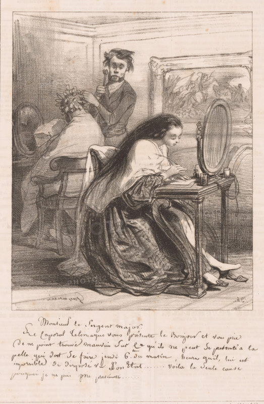 Young woman writing a letter in the hairdressing salon, Monsieur le Sergent major, Letters, La boîte aux lettres, print, Series number, 22, 34, printmaker: Paul Gavarni, printer (person): Aubert & Cie., Paris, 1838, printer (person), paper, lithography, height 362 mm x width 238 mm, Print used for: Le Charivari, October 27, 1838., sitting figure - AA - female human figure, letter, envelope, handwriting, writing as activity, hairdresser, A pencil or charcoal drawing shows an interior scene with three figures. In the foreground a young woman with long dark hair sits at a small dressing table facing a round mirror, leaning forward with her hands on the surface; a robe or dress with detailed folds drapes around her and a pair of shoes lie on the floor beside her. Behind her a seated figure is covered by a cloak or blanket and wears a wreath or crown of foliage on the head, while a standing young man behind that person holds a tool or instrument near the wreath and looks toward the viewer. ...