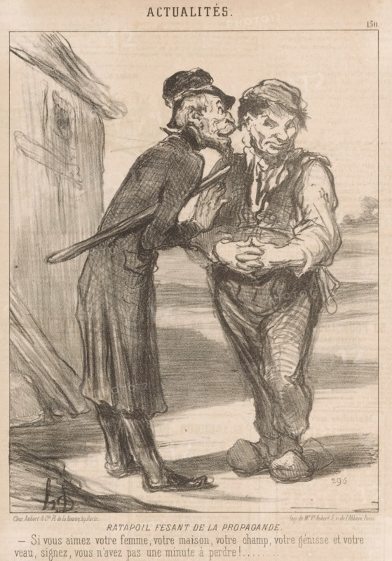 Ratapoil carrying out propaganda, Ratapoil pressures a farmer to support his campaign, Current Affairs, cartoon, Series number, 150, printmaker: Honoré Daumier, Paris, printer (person): veuve Aubert, publisher: Aubert & Cie., 1851, printer (person), paper, lithography, height 308 mm x width 216 mm, Print used for: Le Charivari, June 19, 1851. In Daumier's oeuvre, Ratapoil is a cunning supporter of militarism, and a proponent of the rehabilitation of the Napoleonic Empire., political caricatures and satires, caricatures (human types), oral revolutionary action, A monochrome drawing shows two men standing close together; one man on the left is thin and tall, wearing a long coat and a hat, leaning forward with a hand near the other man's shoulder and holding a slender object across his back, while the other man on the right appears shorter and stockier, wearing a vest over a shirt and a cap, with his arms folded and a tense expression on his face. The scene includes a simple background wi...