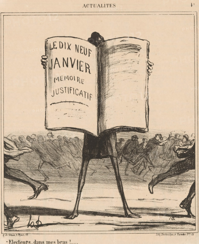 Electeurs, dans mes bras!, Caricature of the politician Émile Ollivier, Current affairs, Actualités, cartoon, printmaker: Honoré Daumier, Paris, printer (person): Destouches, publisher: Arnauld de Vresse, 1869, printer (person), paper, lithography, height 292 mm x width 248 mm, Print used for: Le Charivari, March 10, 1869., Person, Émile Ollivier, historical persons, political caricatures and satires, caricatures (human types), A tall thin figure with long spindly legs stands center holding a large open book that obscures their upper body and head, with only the top of the head and hands visible at the book's edges; rough charcoal shading creates indistinct crowds of smaller figures in the background and blurred marks across the book's pages, while the foreground shows partial limbs of other figures at the sides and a simple rectangular border framing the scene.