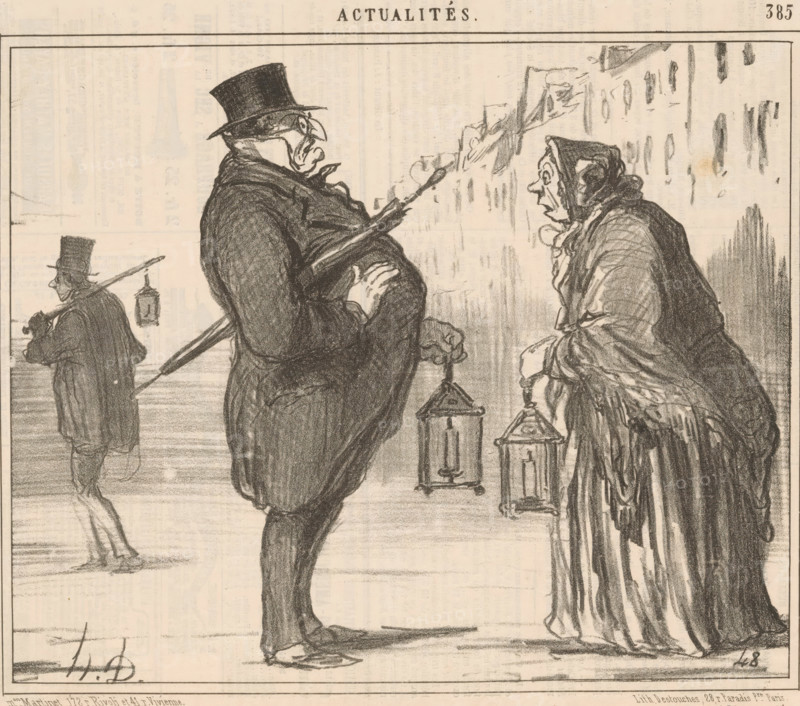 The essential precaution Parisians take when leaving their homes, Monsieur Prudhomme and an old woman with a lantern and umbrella, Current Affairs, cartoon, Series number, 385, printmaker: Honoré Daumier, Paris, printer (person): Destouches, publisher: Martinet, 1857, printer (person), paper, lithography, height 248 mm x width 271 mm, Print used for: Le Charivari, April 10, 1857. Monsieur Prudhomme is an emblematic, caricatural figure in French literature. The stout, not-too-bright, conformist, and sentimental character represents the bourgeois Parisian., caricatures (human types), lantern, A pencil or charcoal drawing shows two central figures facing each other on a street, one a heavyset man wearing a tall hat and long coat with a prominent belly and a hand tucked into his coat, the other an older woman wearing a hooded shawl and long layered garments, hands clasping a small lantern; both hold long poles with lanterns suspended near the ground. A smaller figure in the background walk...