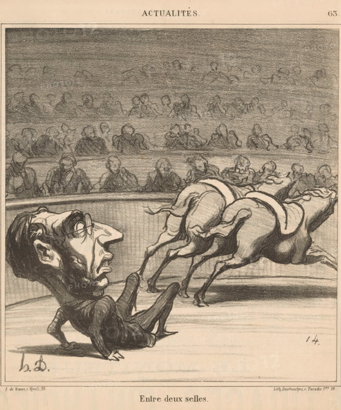 Caricature of the politician Émile Ollivier as a fallen horseman, Entre deux selles, Current affairs, Actualités, cartoon, Series number, 63, printmaker: Honoré Daumier, Paris, printer (person): Destouches, publisher: Arnauld de Vresse, 1869, printer (person), paper, lithography, height 287 mm x width 257 mm, Print used for: Le Charivari, April 15, 1869., Person, Émile Ollivier, historical persons, political caricatures and satires, caricatures (human types), horse-racing, A charcoal or pencil illustration shows a man with exaggerated facial features and glasses sitting on the ground, leaning back on one hand with legs bent and an expression of surprise or alarm, while behind him two saddled horses are shown in motion with visible legs and rounded bodies; behind the scene a curved railing separates the foreground from a tiered audience drawn as soft, indistinct figures seated in rows, and the overall image uses strong shading and sketch-like lines on a light paper background.