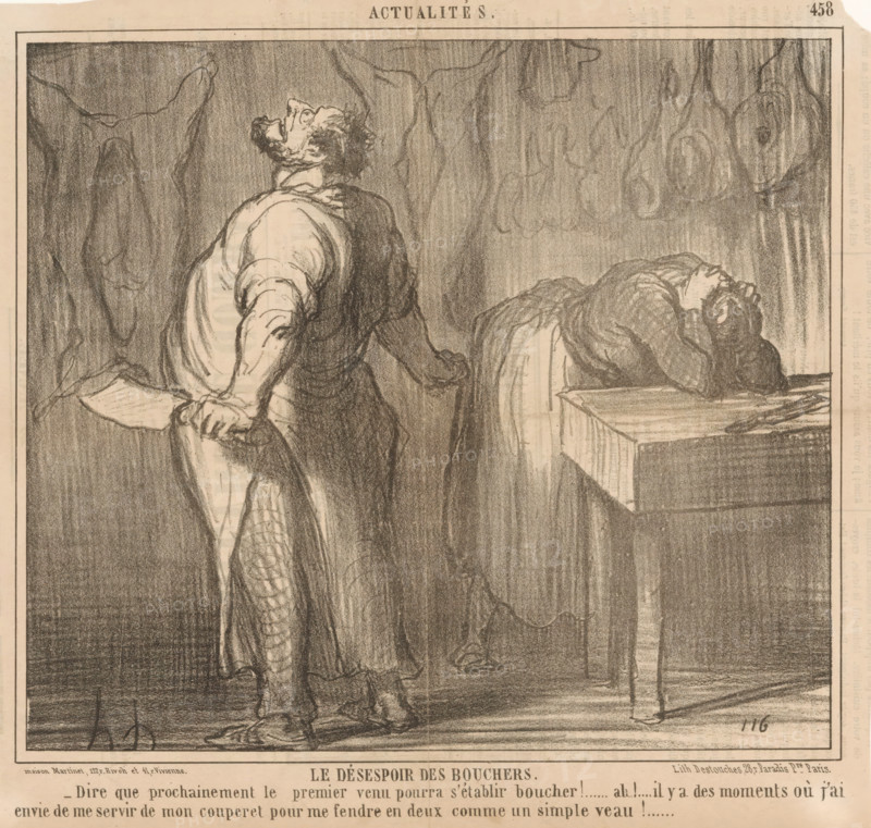 The despair of the butchers, Butcher and his wife complain, Current events, cartoon, Series number, 458, printmaker: Honoré Daumier, Paris, printer (person): Destouches, publisher: Martinet, 1857, printer (person), paper, lithography, height 254 mm x width 268 mm, Print used for: Le Charivari, November 21, 1857., butcher, slaughterman, political caricatures and satires, caricatures (human types), A charcoal drawing of two men in a dim interior with hanging pieces of meat; one man stands with his head tilted back and one arm bent behind him holding a cleaver, his clothing shaded with heavy strokes and his face turned upward, the other man sits at a table with his head bowed into his hands and shoulders slumped, the table showing wood grain and one visible leg, carcasses and indistinct hanging shapes fill the background and walls, the floor is shaded and the scene is framed by a thin border.