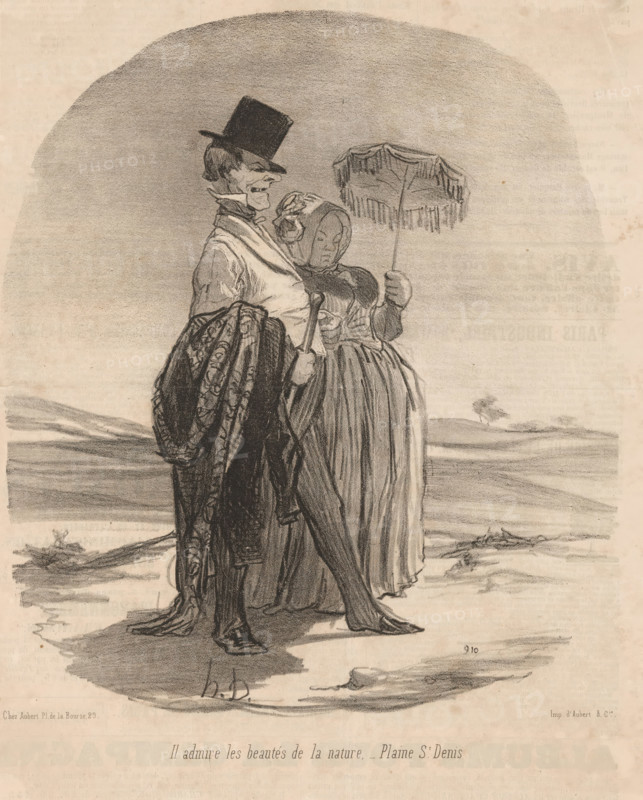 Couple walking in the sun, Il admire les beautés de la nature, Good citizens, Les bons bourgeois, cartoon, Series number, 13, 82, printmaker: Honoré Daumier, Paris, printer (person): Aubert & Cie., 1846, printer (person), paper, lithography, height 347 mm x width 230 mm, Print used for: Le Charivari, 11-09-1846., walking, hiking (recreation), marriage, married couple, 'matrimonium', caricatures (human types), La-Plaine-Saint-Denis, A monochrome drawing of a man and a woman standing together on a landscape. The man wears a tall top hat, a coat with a patterned fabric draped over his arm, a high collar, and boots, and he holds a walking cane. The woman stands close beside him wearing a bonnet and a long dress with a fitted bodice, and she holds a fringed parasol above them. The ground beneath them shows textured shading and distant low hills, with a small tree visible on the horizon. The image has a soft, shaded oval background and visible pencil or charcoal strokes throughout.