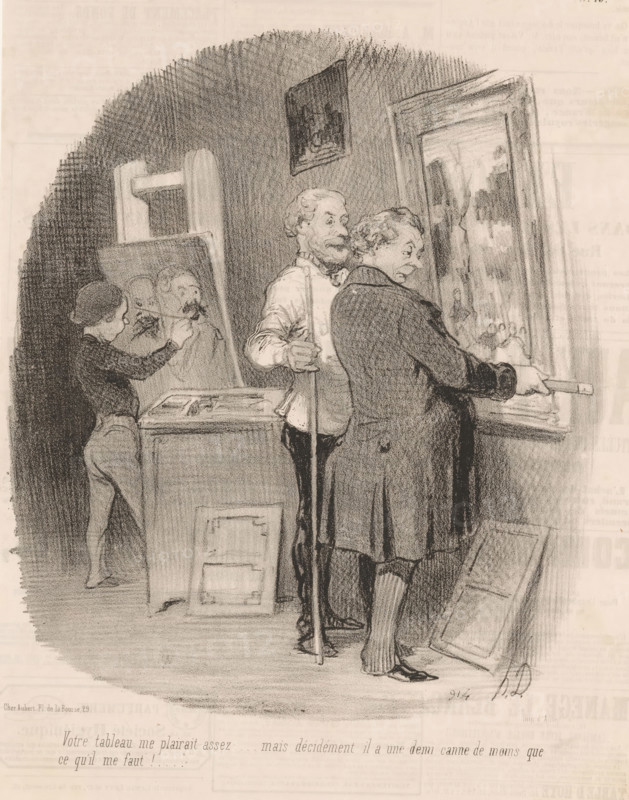 Potential buyer measures painting by artist, Your painting pleases me enough, Good citizens, The good bourgeois, cartoon, Series number, 19, 82, In the background, a boy is defacing a painting by the artist., printmaker: Honoré Daumier, Paris, printer (person): Aubert & Cie., 1846, printer (person), paper, lithography, height 343 mm x width 235 mm, Print used for: Le Charivari, 12-10-1846., picture, painting, patron (or client) visiting the artist, caricatures (human types), measuring, A monochrome drawing shows an interior scene with three people and several framed paintings; a man in a dark coat stands facing a large framed painting leaned against the wall while holding a thin object, his back mostly to the viewer and his facial profile visible, and beside him an older man with a mustache and apron stands holding a long pole and looking toward the painting, while a younger figure at left works on a small easel drawing a portrait; the room contains a cabinet with papers or books on to...