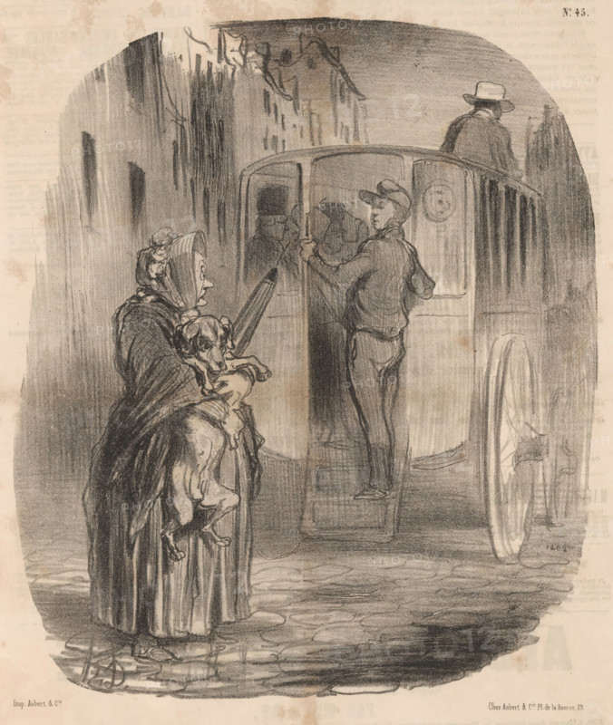 Old woman not allowed on the omnibus with her dog, Sorry, citizen, but I don't receive dogs, Desirable and undesirable situations, Everything one wants, cartoon, Series number, 45, 70, printmaker: Honoré Daumier, Paris, printer (person): Aubert & Cie., publisher: Aubert & Cie., 1848, Honoré Daumier, Aubert & Cie., printmaker, printer (person), publisher, paper, lithography, height 314 mm x width 241 mm, Print used for: Le Charivari, May 22, 1848., dog, old woman, diligence, omnibus, horse-tram, caricatures (human types), An illustration in dark charcoal tones showing a street scene with a woman in a shawl and bonnet holding a small dog against her chest, a large wheel of a carriage visible to the right and a young man standing in an open doorway or carriage entrance holding a pole, the woman facing toward the carriage while a figure with a wide-brimmed hat stands on top of the carriage, rough building facades and vertical shadowed lines form the background, and cobblestone pavement app...