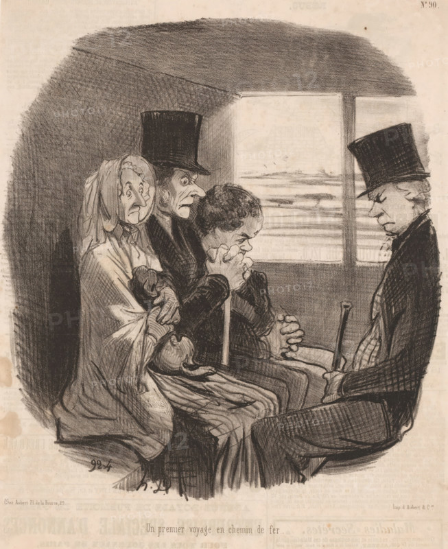Un premier voyage en chemin de fer, Travelers on their first train journey, Depictions of happy moments, Les beaux jours de la vie, cartoon, Series number, 90, 100, printmaker: Honoré Daumier, Paris, printer (person): Aubert & Cie., 1846, printer (person), paper, lithography, height 345 mm x width 235 mm, Print used for: Le Charivari, 19-07-1846., caricatures (human types), passenger train (four persons or more, traffic and transport), A charcoal drawing of four seated figures inside a compartment with a window behind them, showing a landscape outside. On the left, a woman wearing a bonnet and shawl clutches a bundle and looks forward with a worried expression. Next to her is a man in a tall hat with a long nose and furrowed brow, facing slightly toward the center. In the center a younger figure with curly hair leans forward, hands clasped to the mouth in a tense posture. On the right a man in a coat and top hat sits with head bowed and cane resting between his knees. The interior is s...