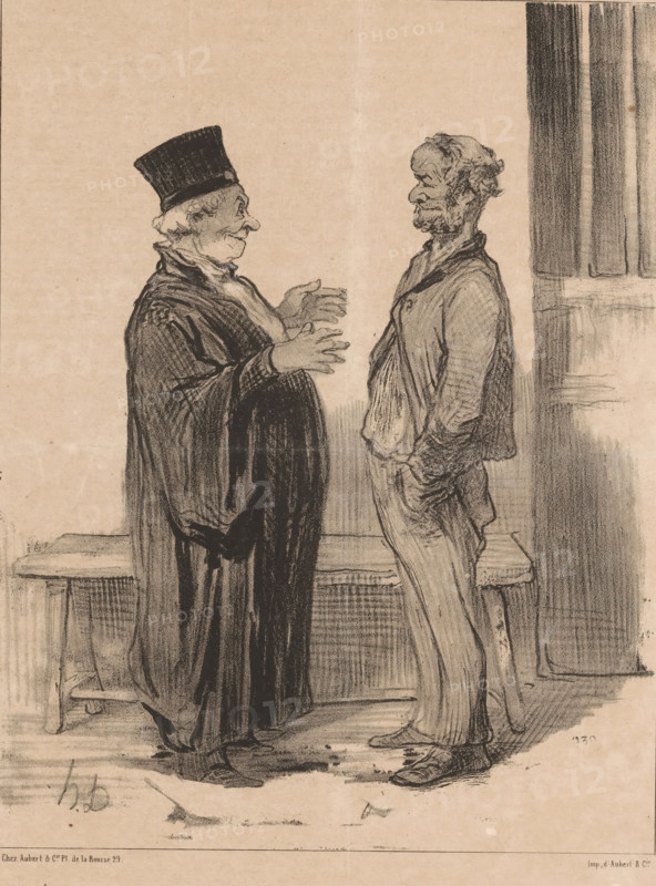 Lawyer consults with thief, Ainsi donc, quoique j'vous avoue, Legal world, Les gens de justice, cartoon, Series number, 28, 39, printmaker: Honoré Daumier, Paris, printer (person): Aubert & Cie., publisher: Aubert & Cie., 1846, Honoré Daumier, Aubert & Cie., printmaker, printer (person), publisher, paper, lithography, height 338 mm x width 236 mm, Print used for: Le Charivari, 11-11-1846., caricatures (human types), lawyer, attorney at law, thief, A monochrome sketch showing two men facing each other in profile, one wearing a tall hat and long dark robe with outstretched hands and the other in lighter, worn clothing with hands in his pockets and a scruffy beard; a simple bench or step behind them and a shaded vertical panel at the right edge; the drawing has visible pencil or charcoal strokes on a textured, aged paper background.